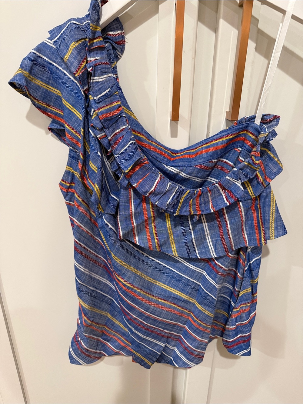 Finley Blue Striped Ruffle One-Shoulder Blouse